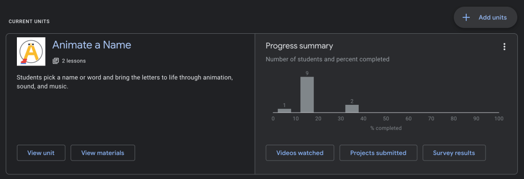 Admin panel for teachers to see student progress by class or individually.